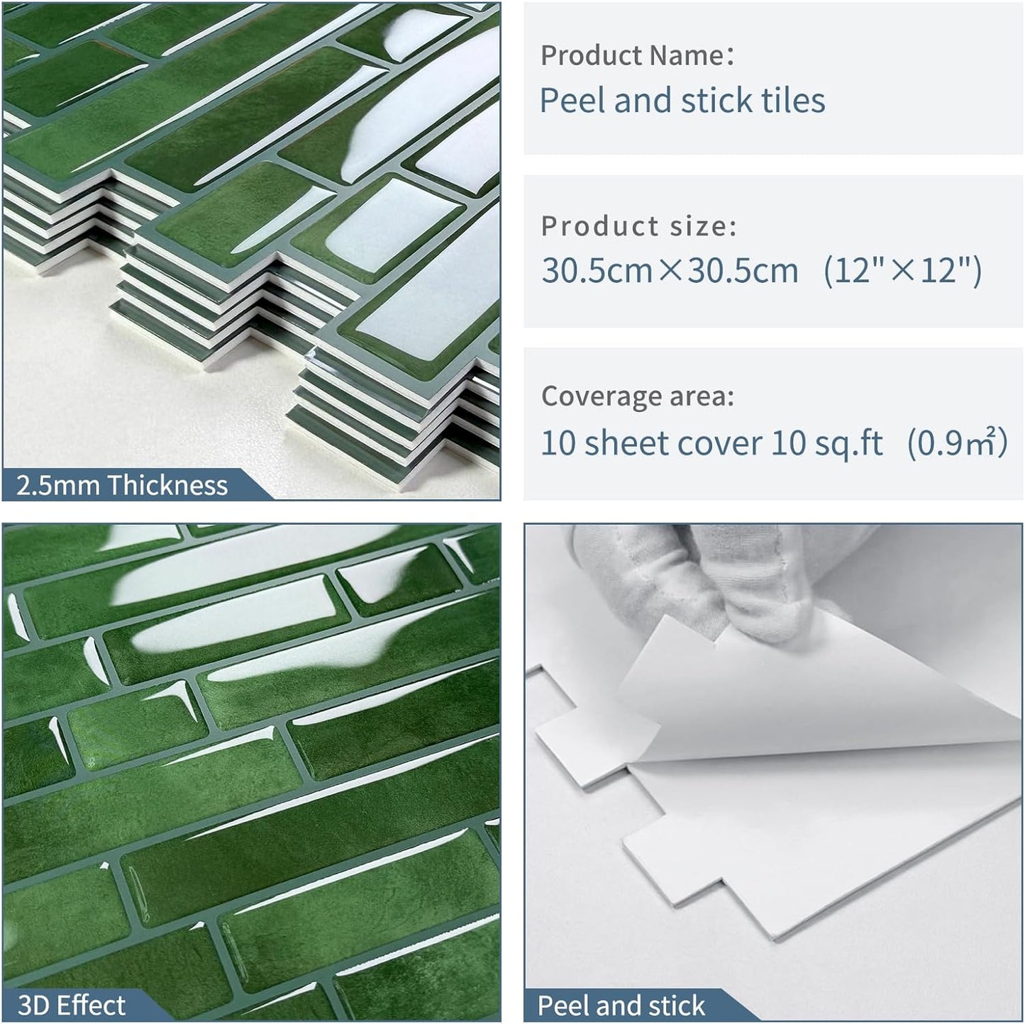 Thick Dark Green Peel and Stick Tile Backsplash 12"x12" Self Adhesive Wall Marble Tiles 3D for Kitchen Bathroom, (10 - Sheet) - DEWOO TILES