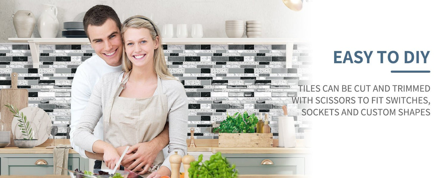 Peel and Stick on Self Adhesive Backsplash Wall Marble Tiles Stickers 3D for Kitchen Bathroom,Black (10 - Sheet, 12"×12") - DEWOO TILES