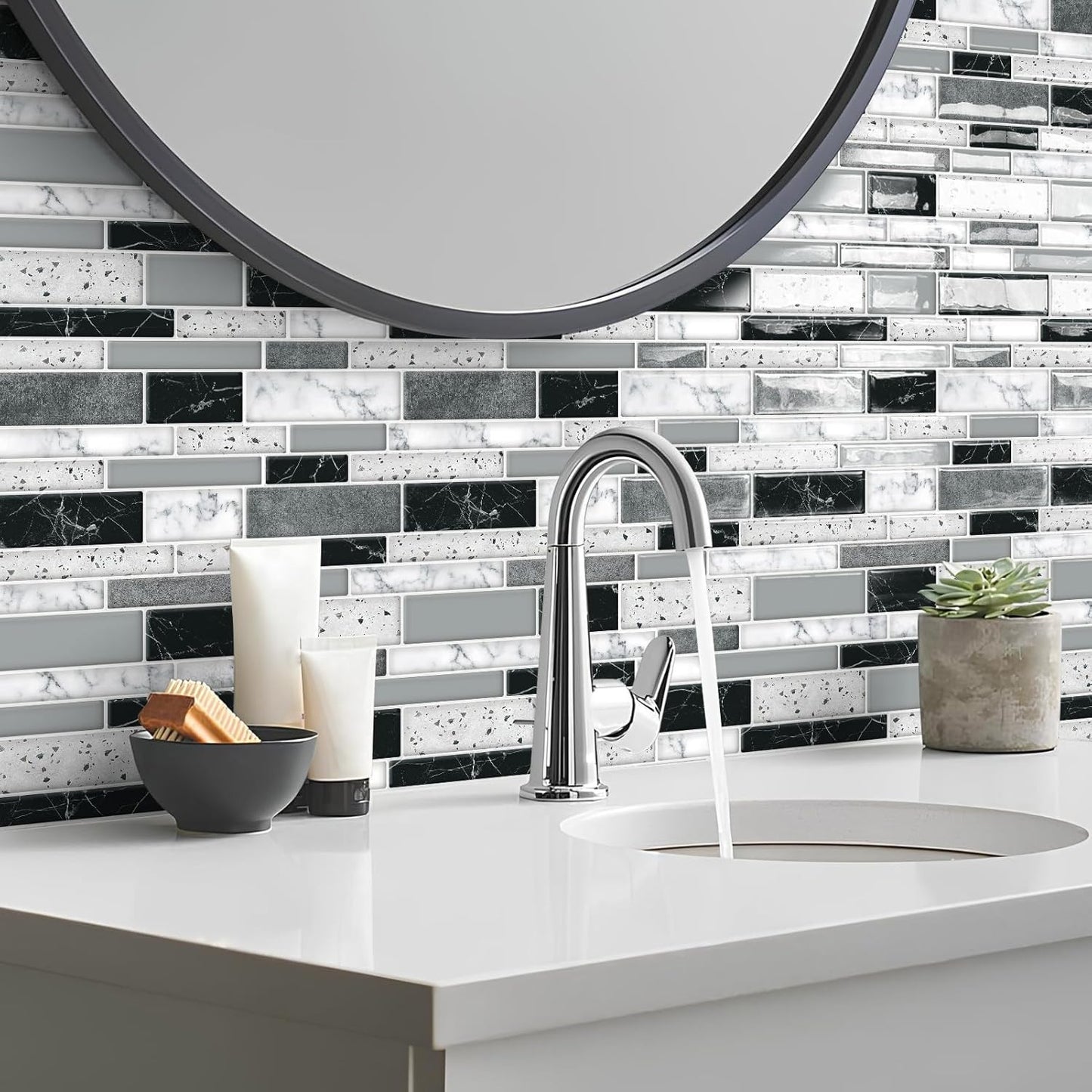 Peel and Stick on Self Adhesive Backsplash Wall Marble Tiles Stickers 3D for Kitchen Bathroom,Black (10 - Sheet, 12"×12") - DEWOO TILES