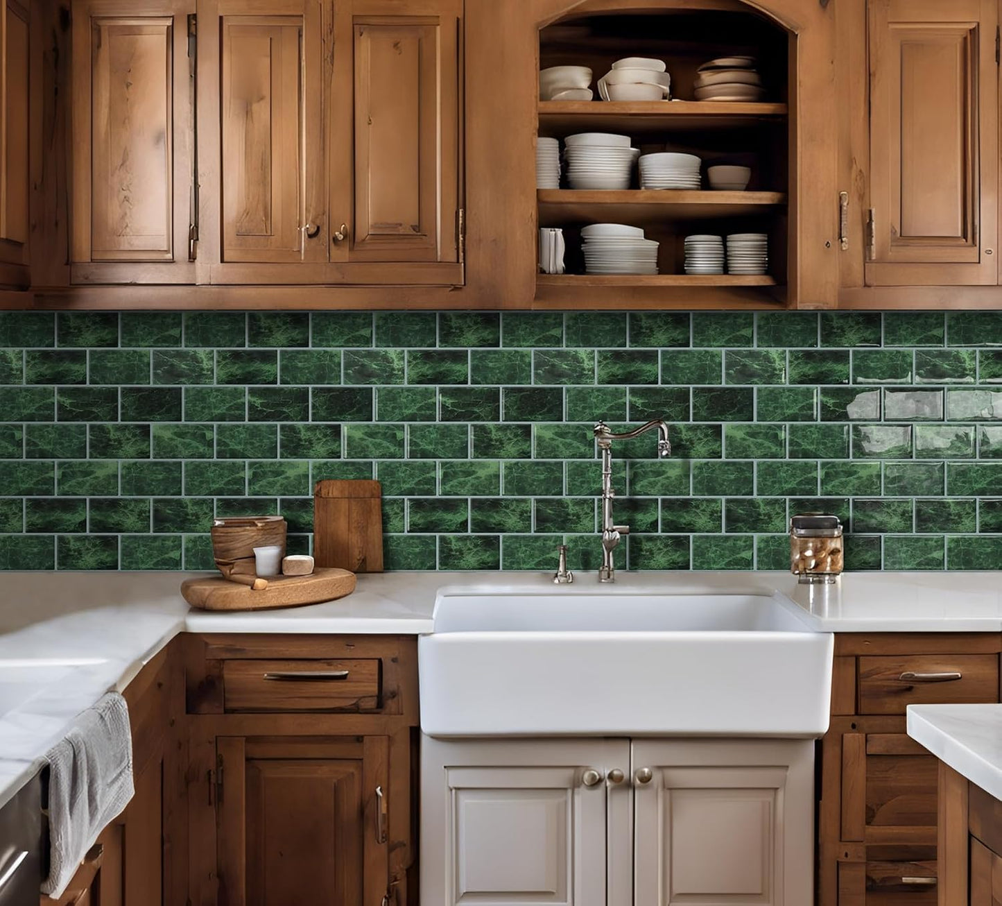 DEWOO Dark Green Peel and Stick Subway Tile Backsplash Self Adhesive Brick Stickers for Kitchen Bathroom Wall, 10 - Sheet, 12"×12" - DEWOO TILES