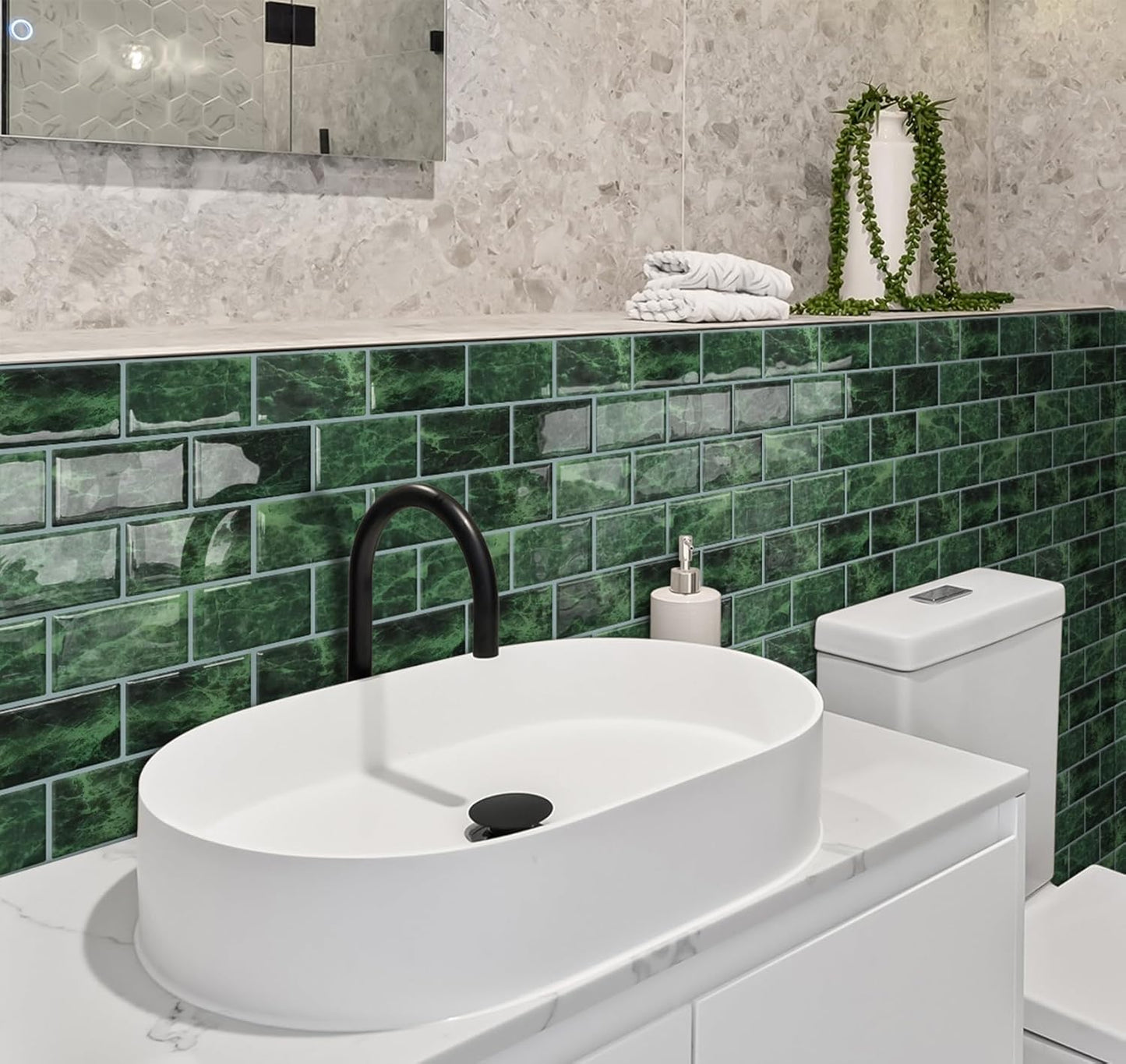 DEWOO Dark Green Peel and Stick Subway Tile Backsplash Self Adhesive Brick Stickers for Kitchen Bathroom Wall, 10 - Sheet, 12"×12" - DEWOO TILES