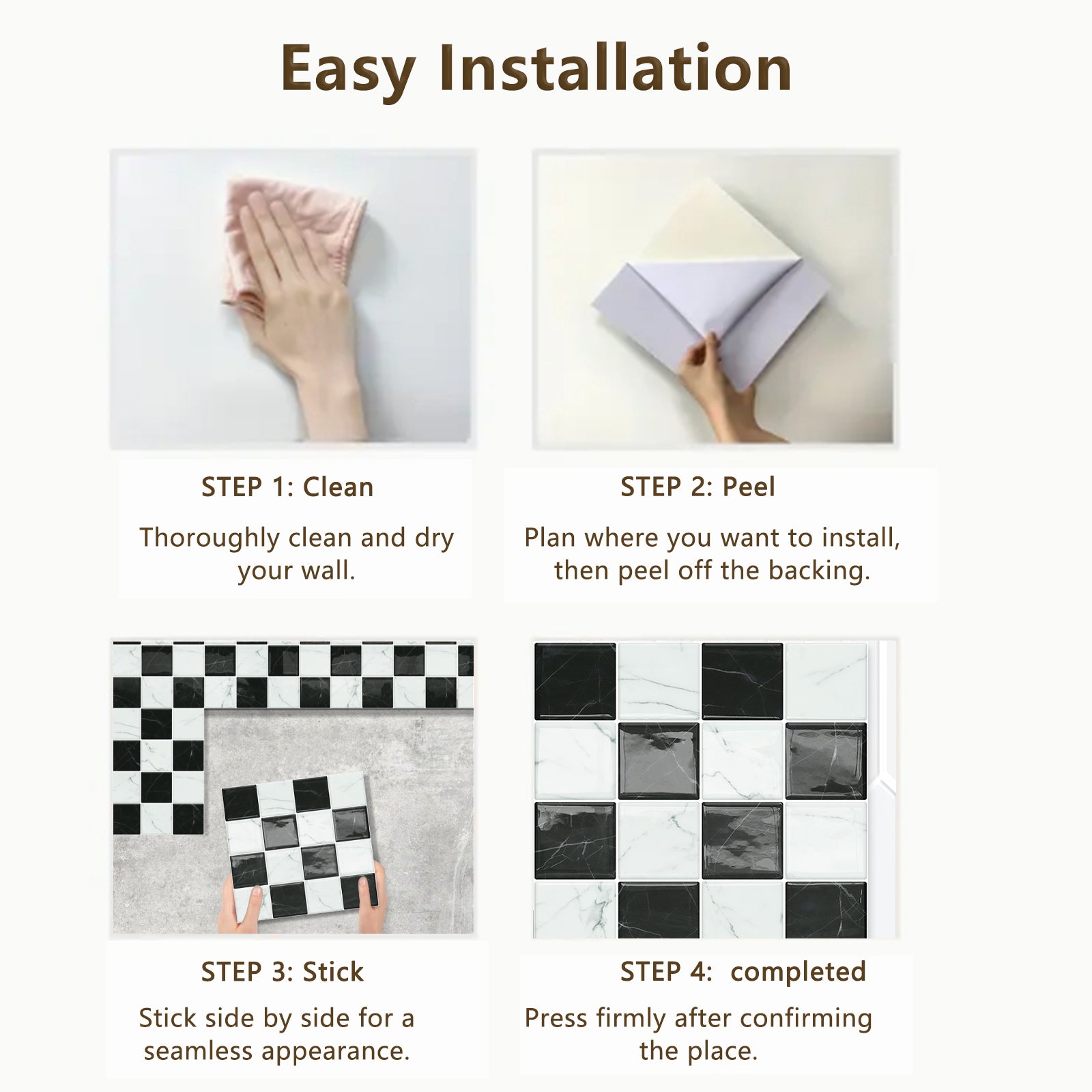 DEWOO Thick Peel and Stick Backsplash Tiles Kitchen Bathroom Square Self Adhesive Wall Tile Checkerboard Checkered Stickers,Black (10 - Sheet, 9"×9") - DEWOO TILES