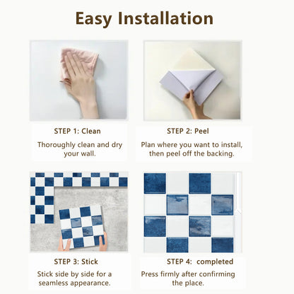 DEWOO Thick Peel and Stick Backsplash Tiles Kitchen Bathroom Square Self Adhesive Wall Tile Checkerboard Checkered Stickers,Blue (10 - Sheet, 9"×9") - DEWOO TILES