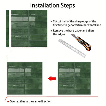 DEWOO 10pcs Peel and Stick Backsplash Wall Tiles, Extra Thick 3D Wall Panels, Heat & Water Resistant, Easy DIY Kitchen, Bathroom, Laundry, Fireplace & Rental Home Wall Décor (Dark Green, 12"×12") - DEWOO TILES
