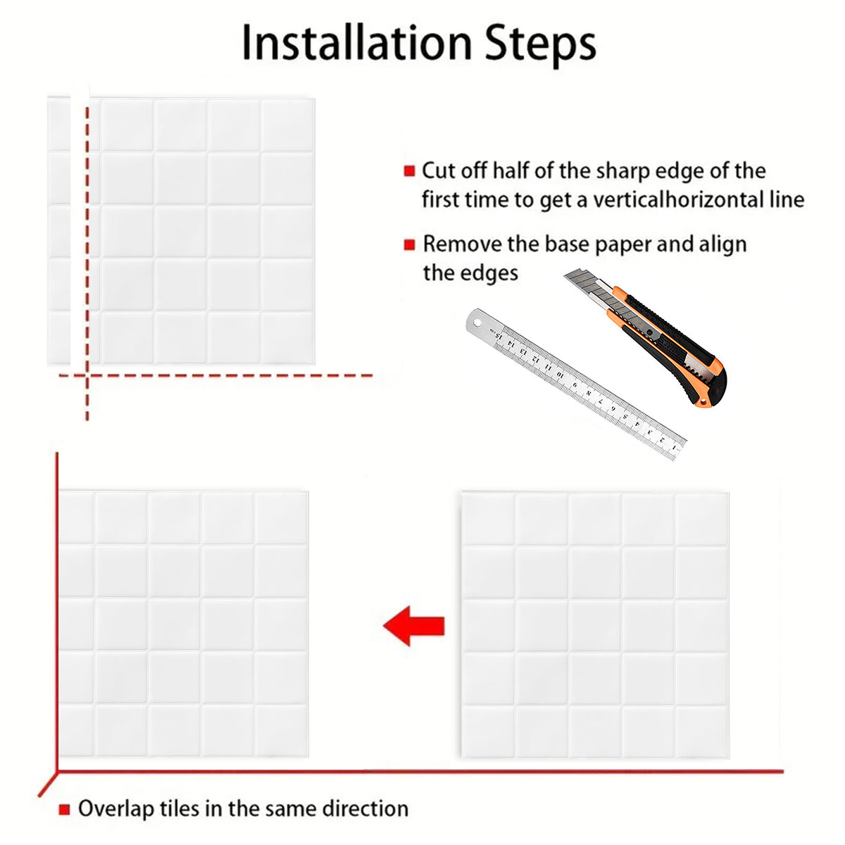 DEWOO Thick Square Kitchen Peel and Stick Backsplash Mosaic Tiles Square Self Adhesive Wall Tile Checkerboard Checkered Stickers,White (10-Sheet,12"x12") - DEWOO TILES