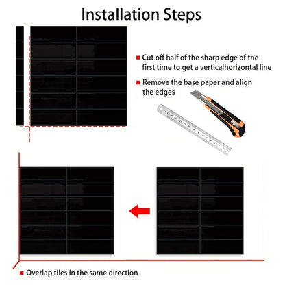 DEWOO Peel and Stick Backsplash - 10 Sheets of 12"×12" - 3D Adhesive Peel and Stick Tile Backsplash for Kitchen, Bathroom, Wall Tile, Black - DEWOO TILES