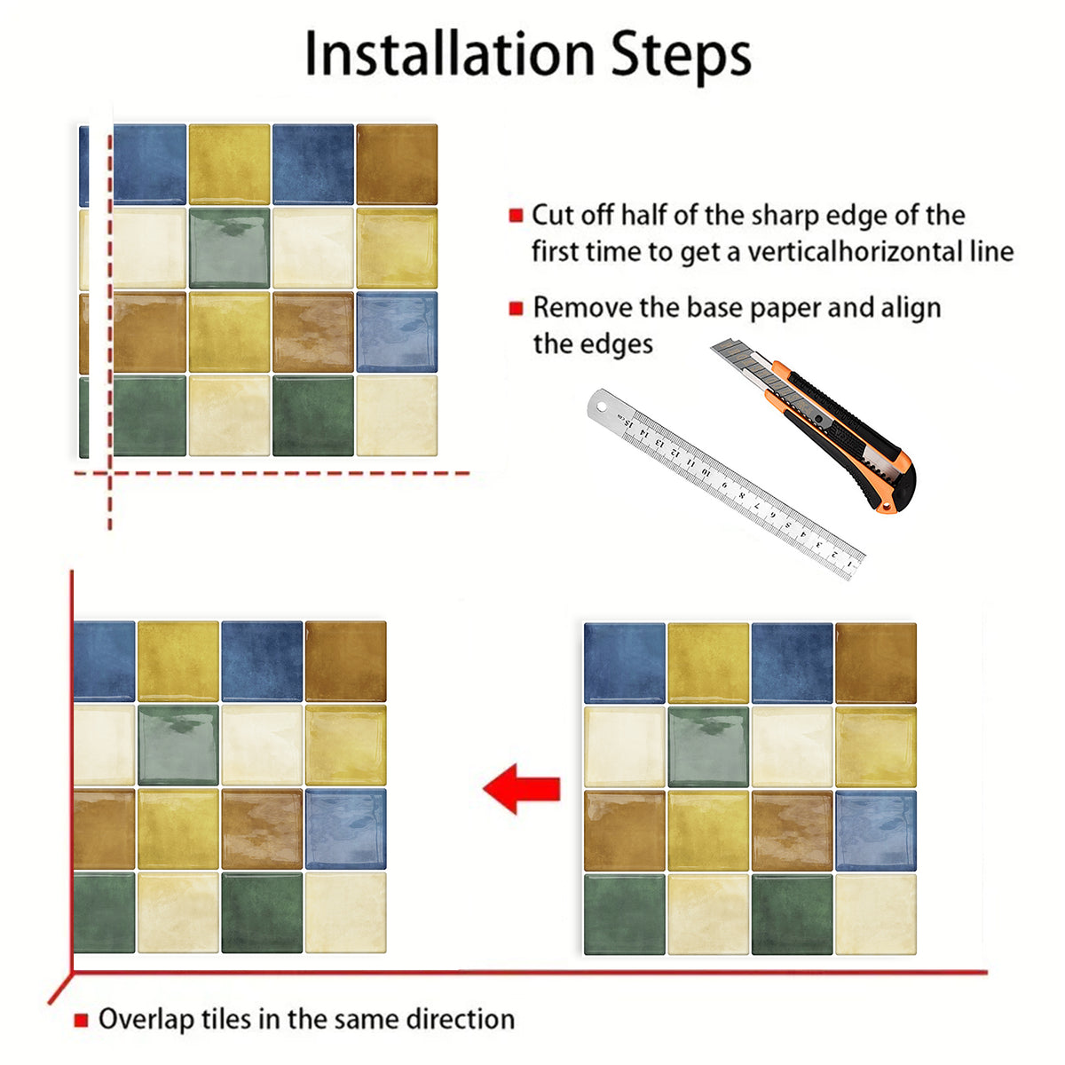DEWOO Thick Square Kitchen Peel and Stick Backsplash Mosaic Tiles Square Self Adhesive Wall Tile Checkerboard Checkered Stickers,Multicolor (10-Sheet,12"x12") - DEWOO TILES