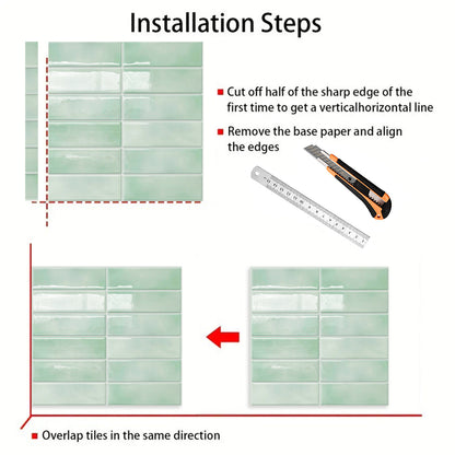 DEWOO Peel and Stick Backsplash - 10 Sheets of 12"×12" - 3D Adhesive Peel and Stick Tile Backsplash for Kitchen, Bathroom, Wall Tile, Light Green - DEWOO TILES