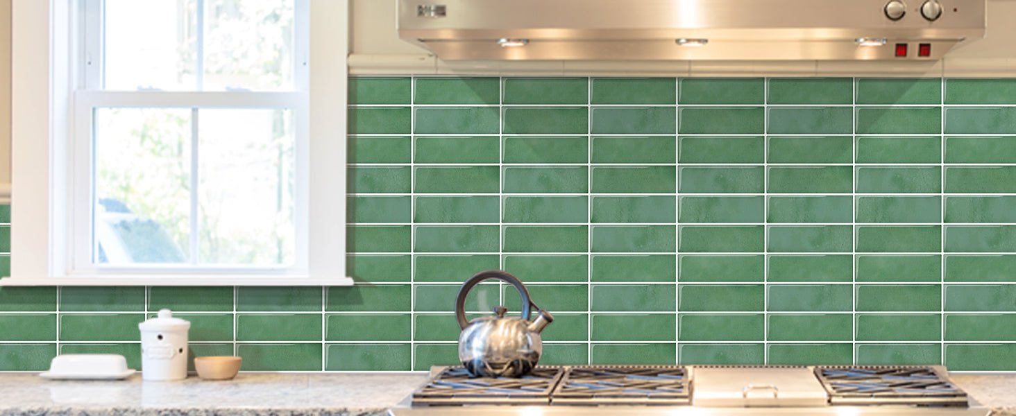 DEWOO Green Peel and Stick Backsplash Subway Wall Tile for Kitchen Bathroom, Thin 10 - Sheet (12"×12") - DEWOO TILES
