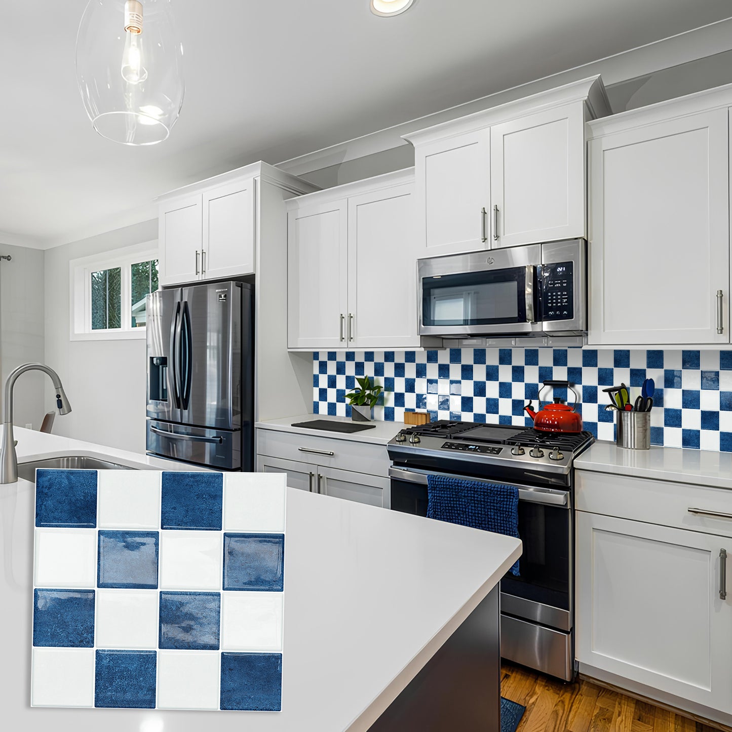 DEWOO Thick Peel and Stick Backsplash Tiles Kitchen Bathroom Square Self Adhesive Wall Tile Checkerboard Checkered Stickers,Blue (10 - Sheet, 9"×9") - DEWOO TILES