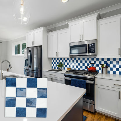 DEWOO Thick Peel and Stick Backsplash Tiles Kitchen Bathroom Square Self Adhesive Wall Tile Checkerboard Checkered Stickers,Blue (10 - Sheet, 9"×9") - DEWOO TILES