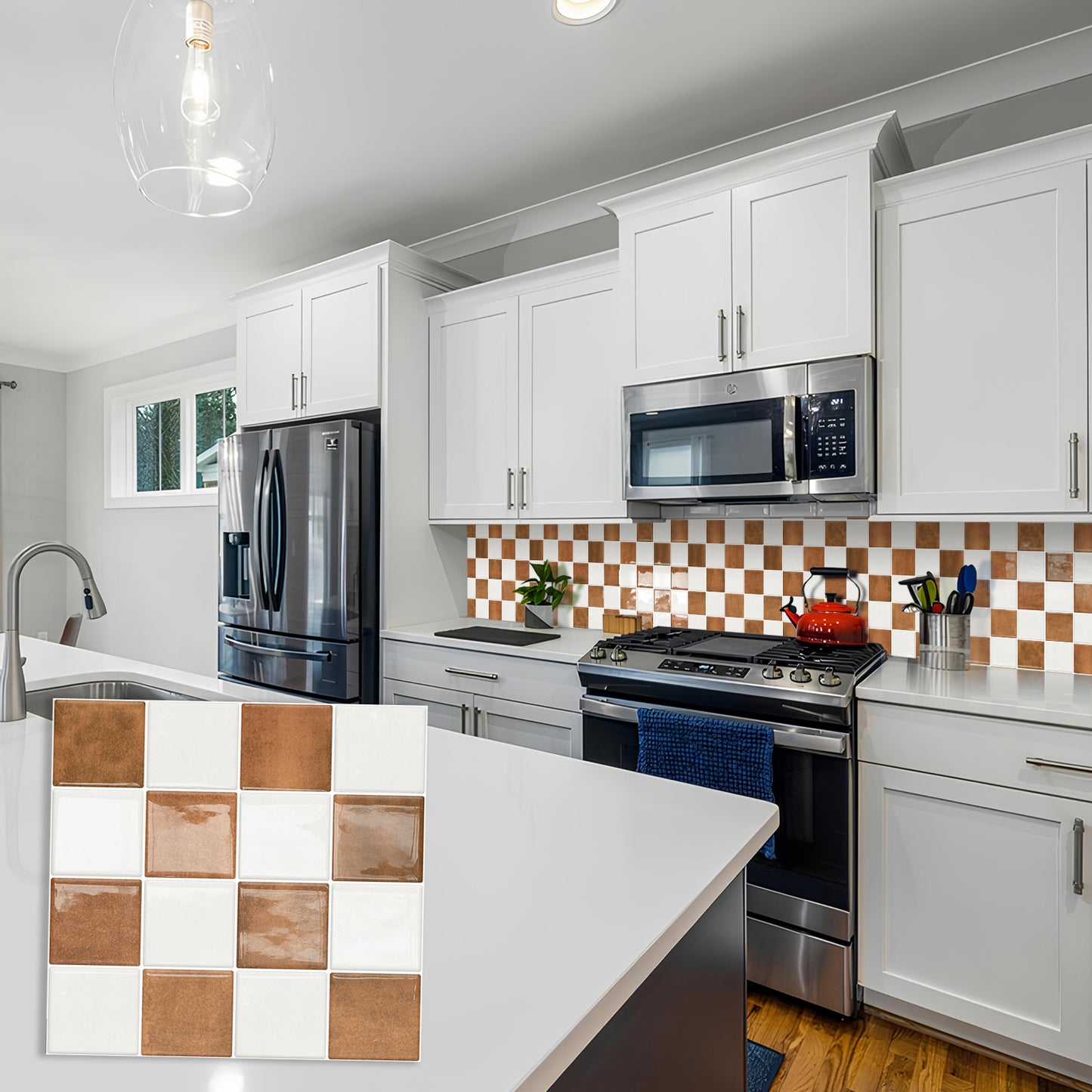 DEWOO Thick Peel and Stick Backsplash Tiles Kitchen Bathroom Square Self Adhesive Wall Tile Checkerboard Checkered Stickers,Orange (10 - Sheet, 9"×9") - DEWOO TILES