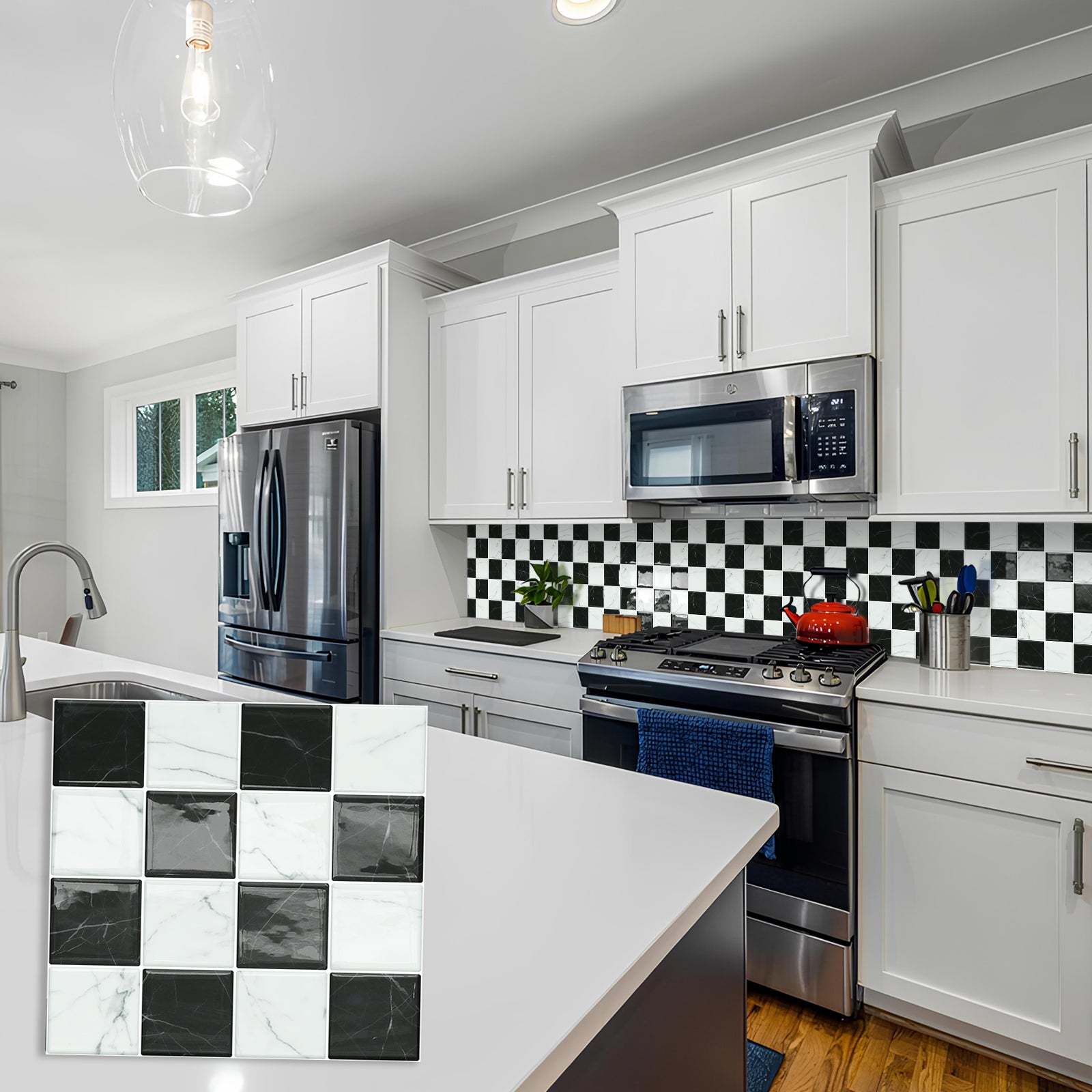 DEWOO Thick Peel and Stick Backsplash Tiles Kitchen Bathroom Square Self Adhesive Wall Tile Checkerboard Checkered Stickers,Black (10 - Sheet, 9"×9") - DEWOO TILES