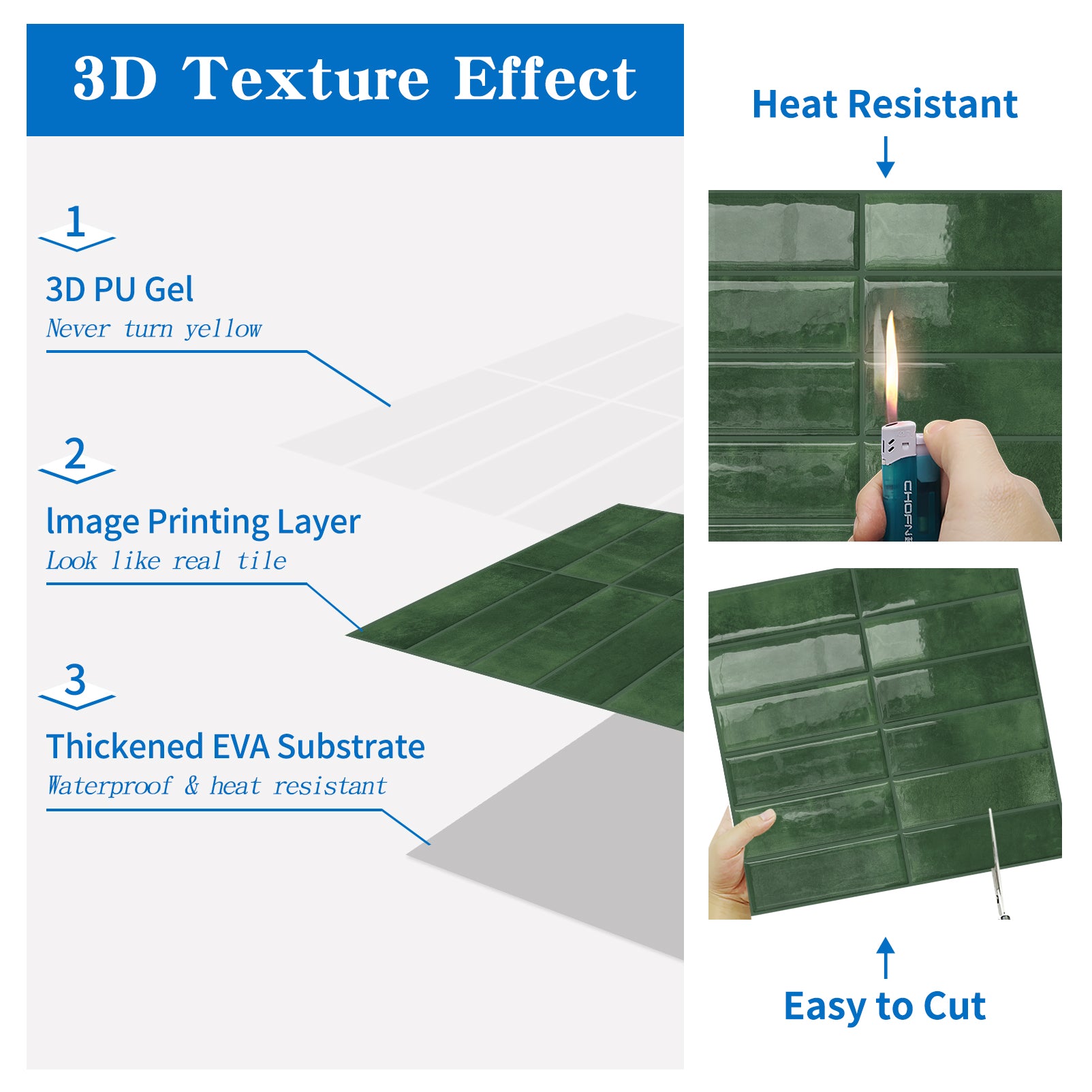 DEWOO 10pcs Peel and Stick Backsplash Wall Tiles, Extra Thick 3D Wall Panels, Heat & Water Resistant, Easy DIY Kitchen, Bathroom, Laundry, Fireplace & Rental Home Wall Décor (Dark Green, 12"×12") - DEWOO TILES