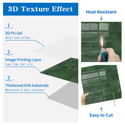 DEWOO 10pcs Peel and Stick Backsplash Wall Tiles, Extra Thick 3D Wall Panels, Heat & Water Resistant, Easy DIY Kitchen, Bathroom, Laundry, Fireplace & Rental Home Wall Décor (Dark Green, 12"×12") - DEWOO TILES
