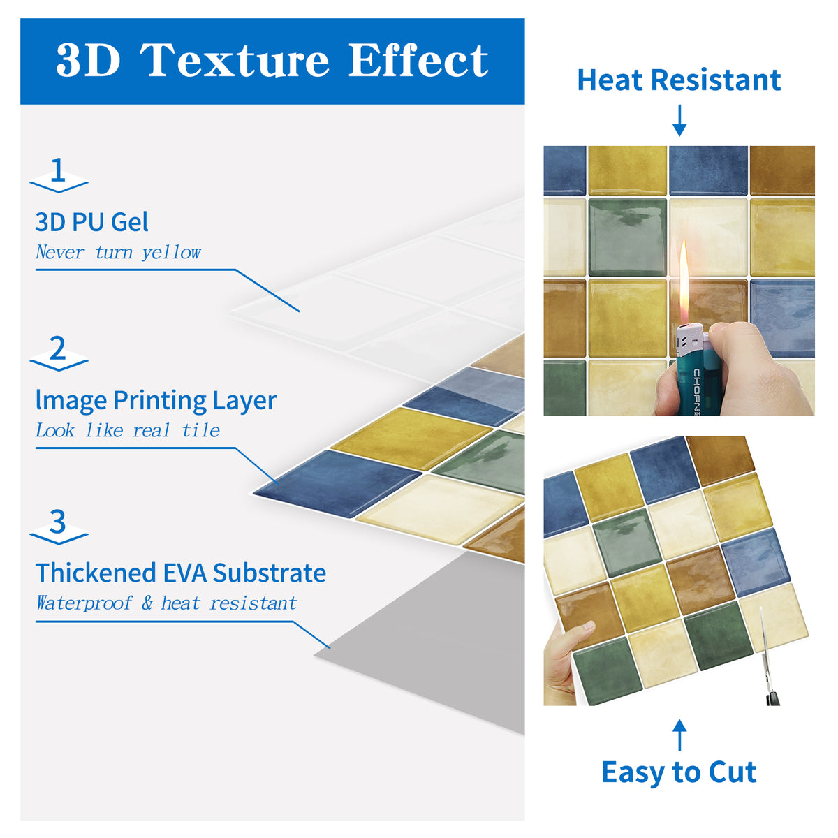 DEWOO Thick Square Kitchen Peel and Stick Backsplash Mosaic Tiles Square Self Adhesive Wall Tile Checkerboard Checkered Stickers,Multicolor (10-Sheet,12"x12") - DEWOO TILES