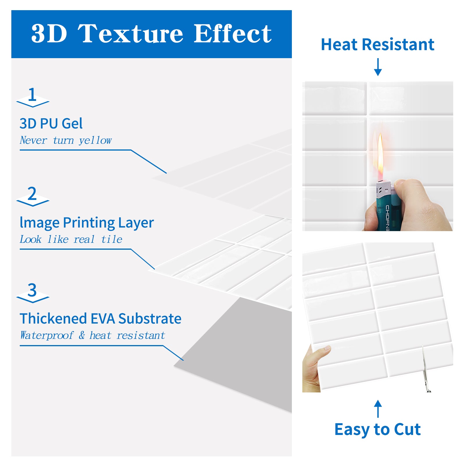 DEWOO 10pcs Peel and Stick Backsplash Wall Tiles, Extra Thick 3D Wall Panels, Heat & Water Resistant, Easy DIY Kitchen, Bathroom, Laundry, Fireplace & Rental Home Wall Décor (White, 12"×12") - DEWOO TILES
