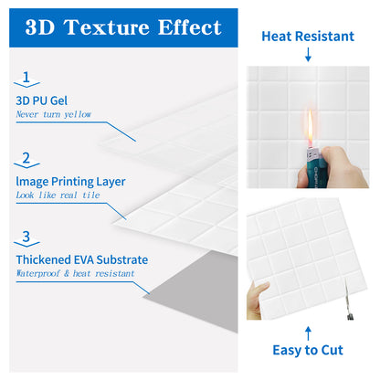 DEWOO Thick Square Kitchen Peel and Stick Backsplash Mosaic Tiles Square Self Adhesive Wall Tile Checkerboard Checkered Stickers,White (10-Sheet,12"x12") - DEWOO TILES