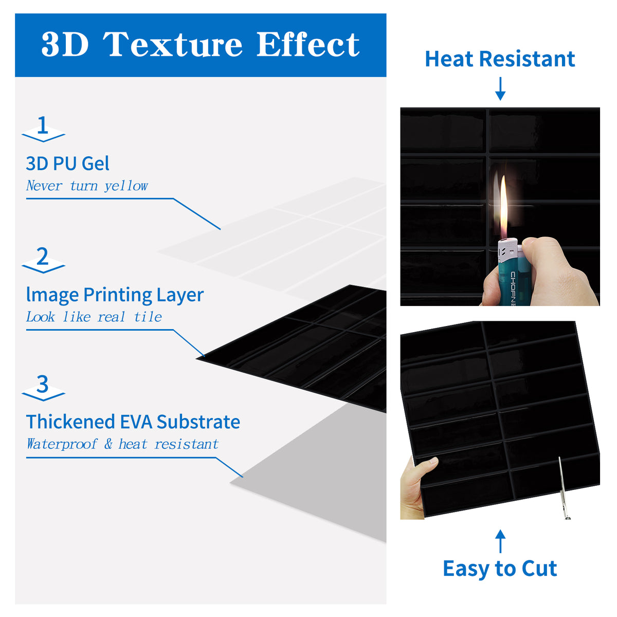 DEWOO Peel and Stick Backsplash - 10 Sheets of 12"×12" - 3D Adhesive Peel and Stick Tile Backsplash for Kitchen, Bathroom, Wall Tile, Black - DEWOO TILES