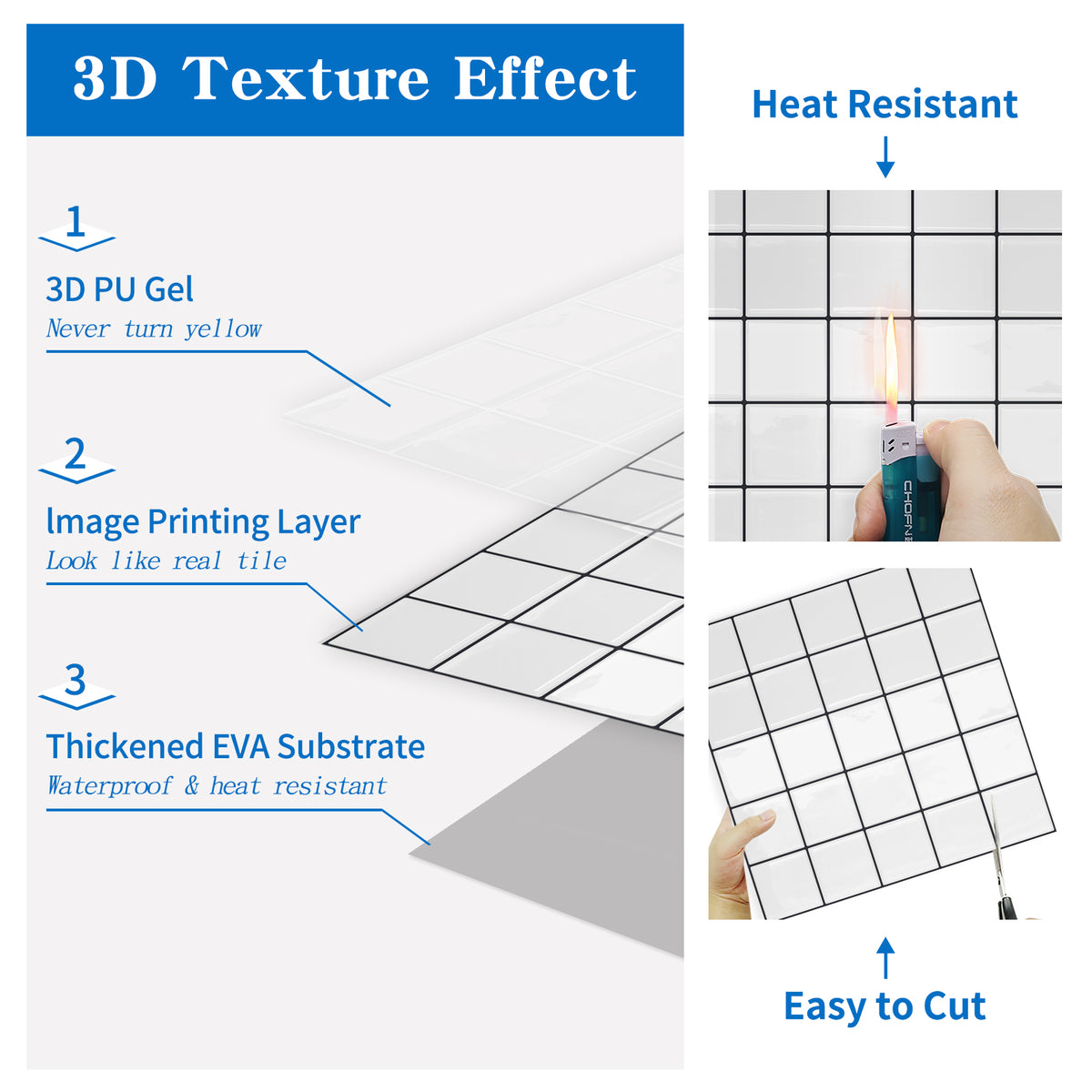 DEWOO Thick Square Kitchen Peel and Stick Backsplash Mosaic Tiles Square Self Adhesive Wall Tile Checkerboard Checkered Stickers,White (10-Sheet,12"x12") - DEWOO TILES