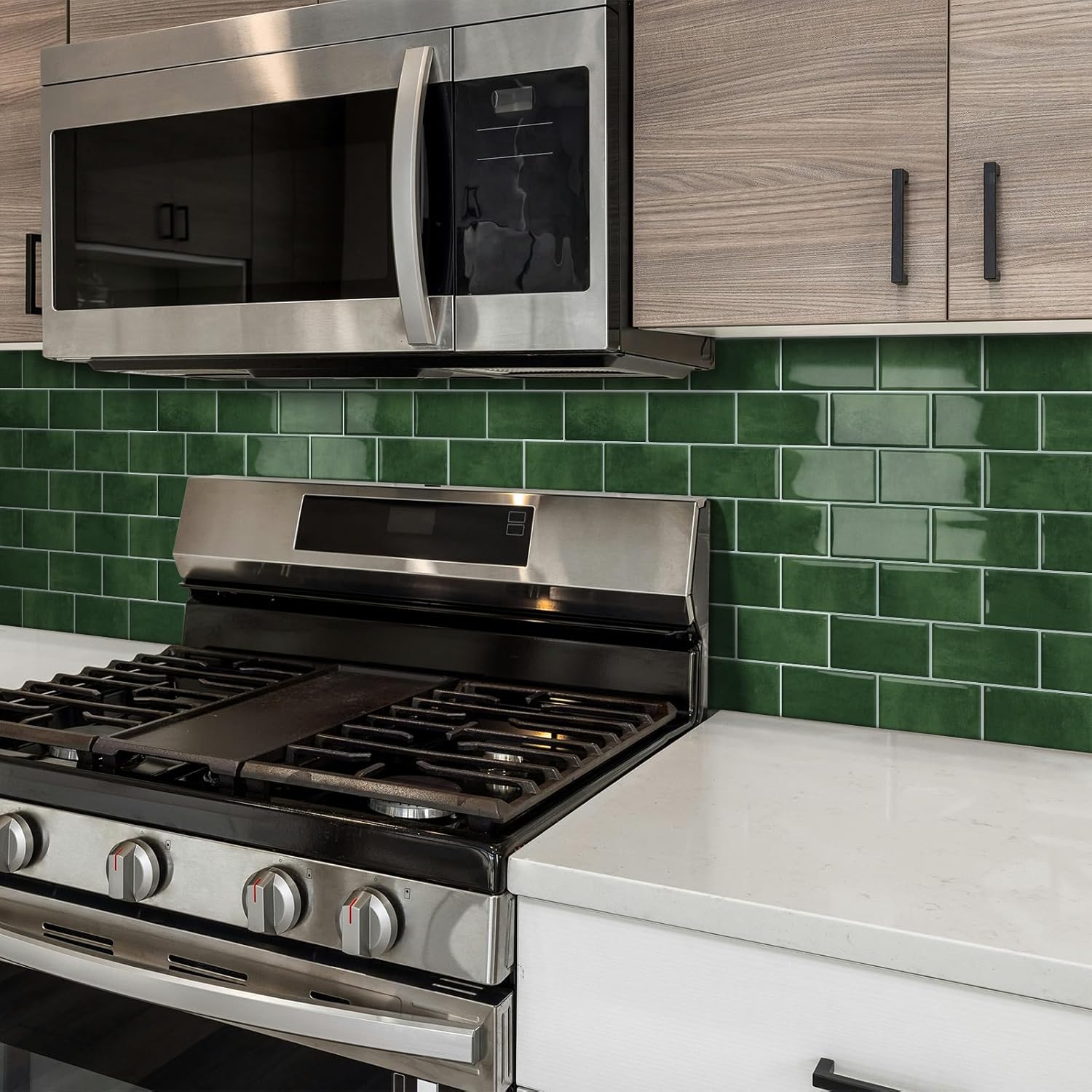 Thick Green Peel and Stick Backsplash Subway Tile 3D Brick Self Adhesvie Wall Tiles for Kitchen Bathroom (10 - Sheet, 12"×12") - DEWOO TILES
