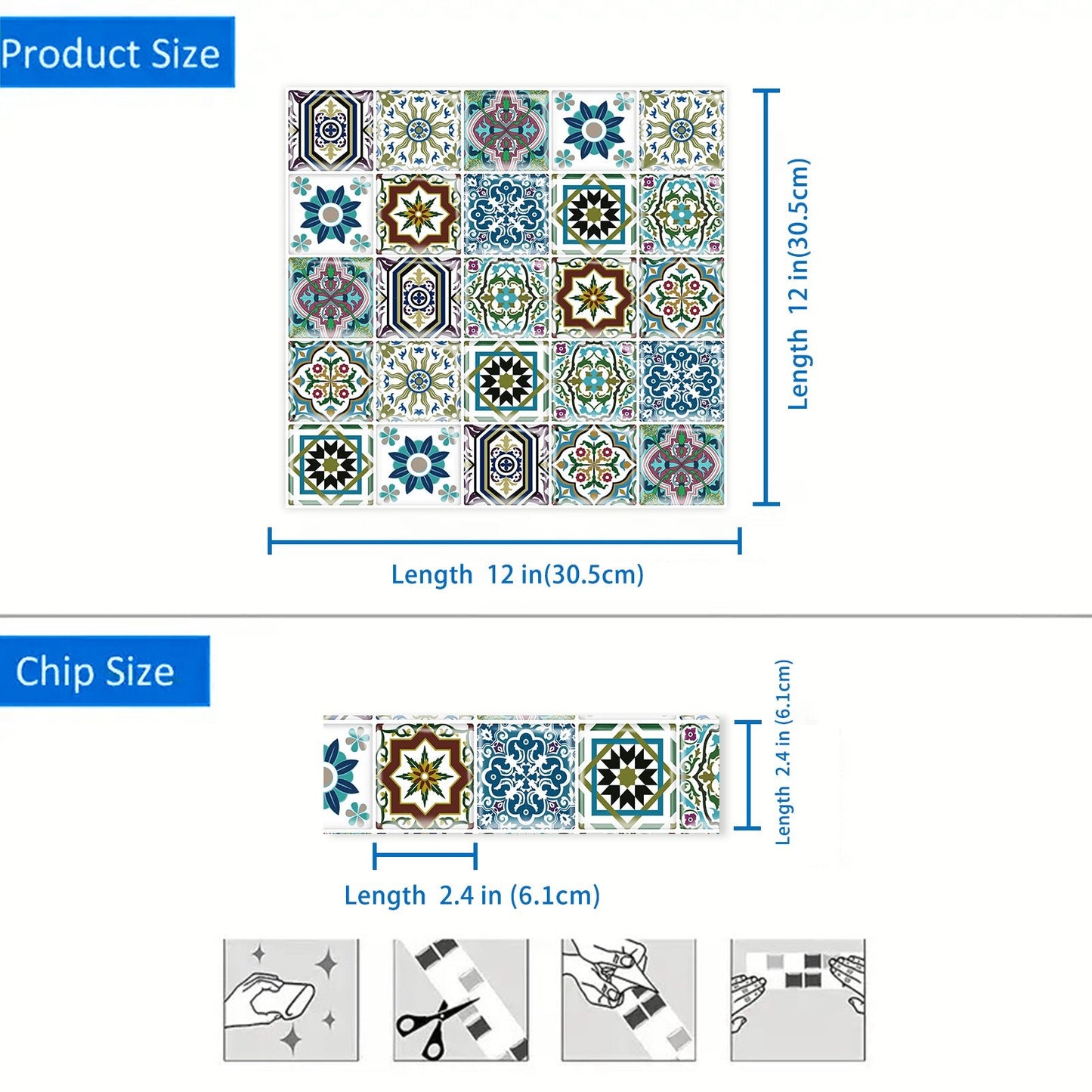 DEWOO Bohemian Mandala Self - Adhesive Tile Decals — 12" x 12" Large Size — Self - Adhesive Backsplash Stickers for Kitchen, Bathroom, and Laundry Room — Waterproof & Removable Vinyl Wall Decals — 10 - Piece Pack - DEWOO TILES