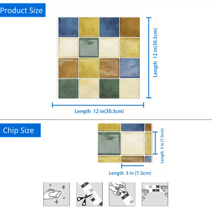 DEWOO Thick Square Kitchen Peel and Stick Backsplash Mosaic Tiles Square Self Adhesive Wall Tile Checkerboard Checkered Stickers,Multicolor (10-Sheet,12"x12") - DEWOO TILES