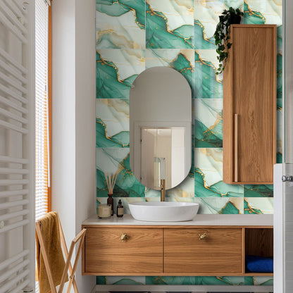 DEWOO 10pcs Peel and Stick Backsplash Wall Tile, Waterproof Peel and Stick Marble Wall Tiles, Self - Adhesive Panels for Bathroom, Kitchen, and Living Room (Green Gold Marble,12"×12") - DEWOO TILES