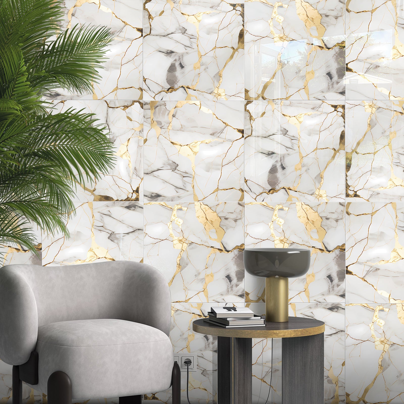 DEWOO 10pcs Peel and Stick Backsplash Wall Tile, Waterproof Peel and Stick Marble Wall Tiles, Self - Adhesive Panels for Bathroom, Kitchen, and Living Room (White Gold Marble,12"×12") - DEWOO TILES