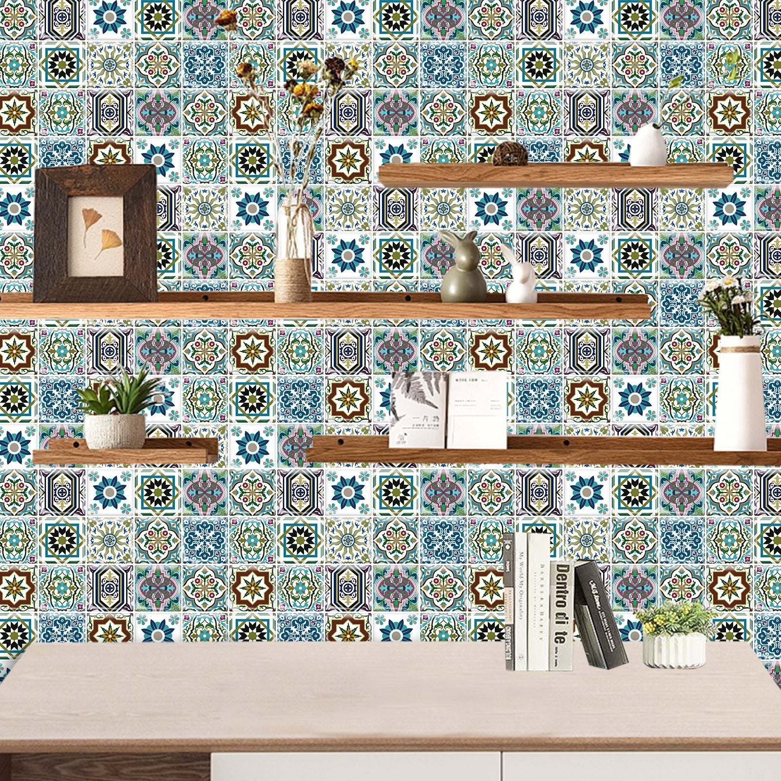 DEWOO Bohemian Mandala Self - Adhesive Tile Decals — 12" x 12" Large Size — Self - Adhesive Backsplash Stickers for Kitchen, Bathroom, and Laundry Room — Waterproof & Removable Vinyl Wall Decals — 10 - Piece Pack - DEWOO TILES