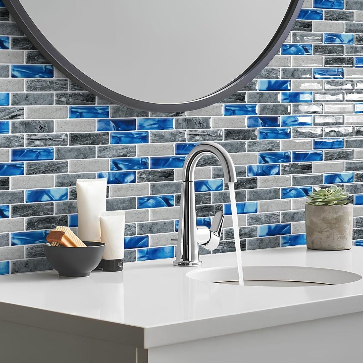 DEWOO Kitchen Backsplash Self Adhesive Wall 3D Marble Tiles Peel and Stick Bathroom, Blue (10 - Sheet, 12"×12") - DEWOO TILES