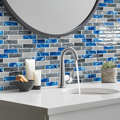 DEWOO Kitchen Backsplash Self Adhesive Wall 3D Marble Tiles Peel and Stick Bathroom, Blue (10 - Sheet, 12"×12") - DEWOO TILES