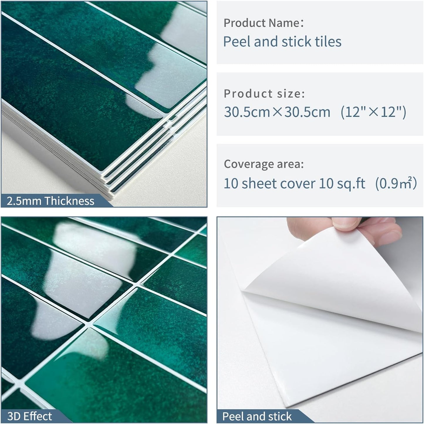 Dark Green Peel and Stick Tile Backsplash Self Adhesive Tiles for Kitchen Wall Bathroom (10 - Sheet,12"x12") - DEWOO TILES
