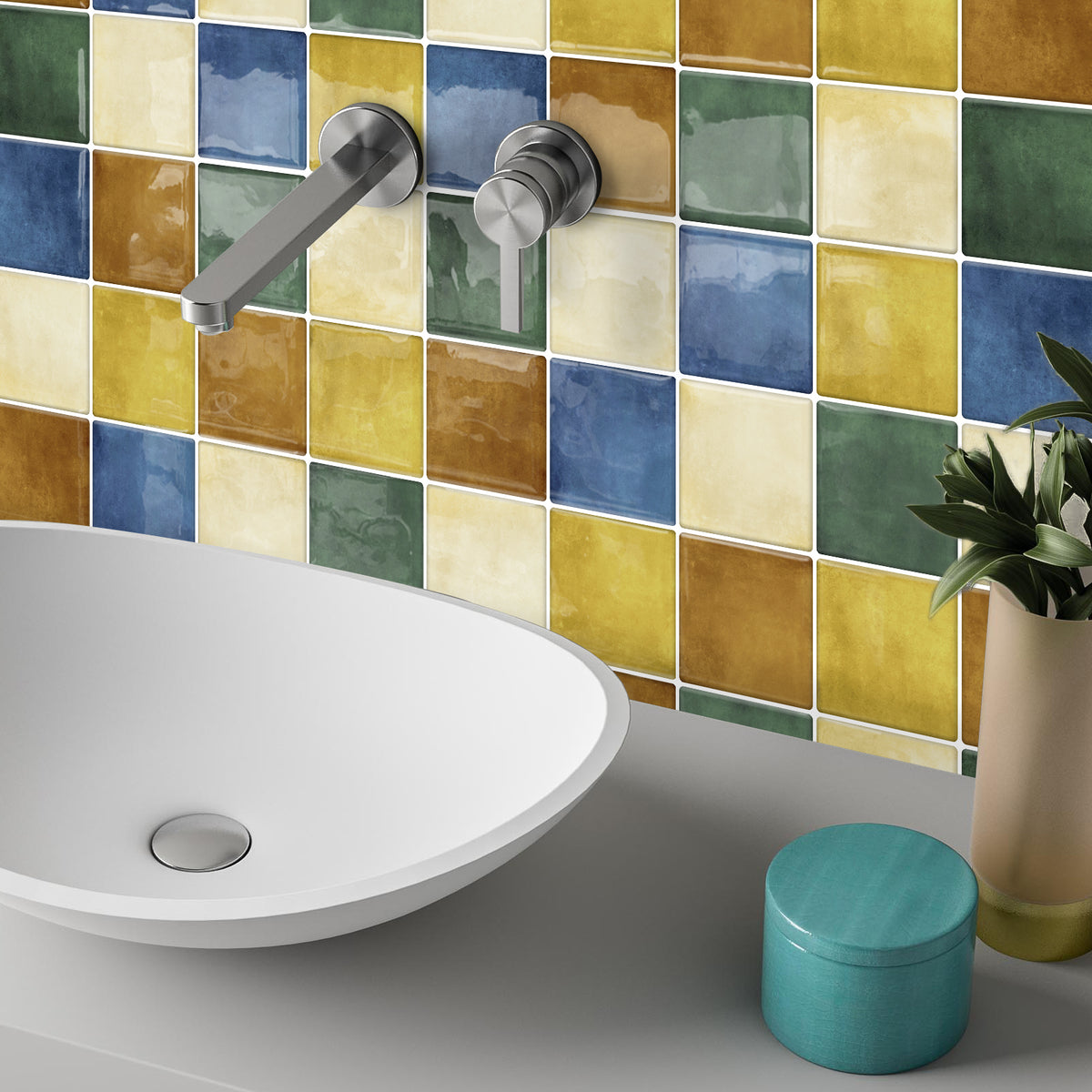DEWOO Thick Square Kitchen Peel and Stick Backsplash Mosaic Tiles Square Self Adhesive Wall Tile Checkerboard Checkered Stickers,Multicolor (10-Sheet,12"x12") - DEWOO TILES