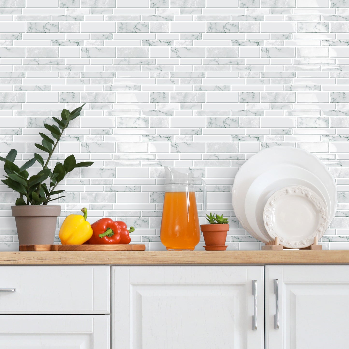 DEWOO 10 - Sheet Peel and Stick Kitchen Backsplash Tiles, 12"x12" Self - Adhesive Marble Multicolor Wall Tiles for Kitchen and Bathroom(White Marble) - DEWOO TILES