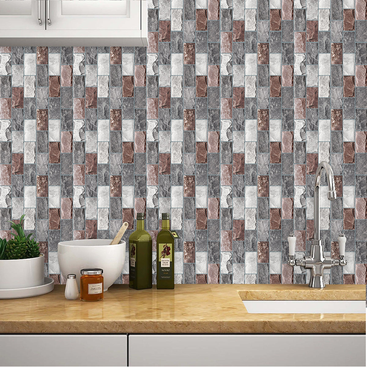 DEWOO 10 Sheets Peel and Stick Tile Backsplash for Kitchen Wall Tile, Self Adhesive Brick Backsplash Subway Tiles Backsplash, Stick on Tiles Kitchen Backsplash(Gray Brown,10.6"x10") - DEWOO TILES