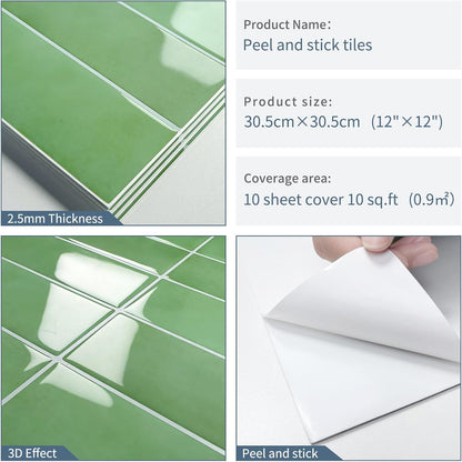 Sage Light Green Peel and Stick Tile Backsplash Self Adhesive Wall Tiles for Kitchen Bathroom (10 - Sheet,12"x12") - DEWOO TILES