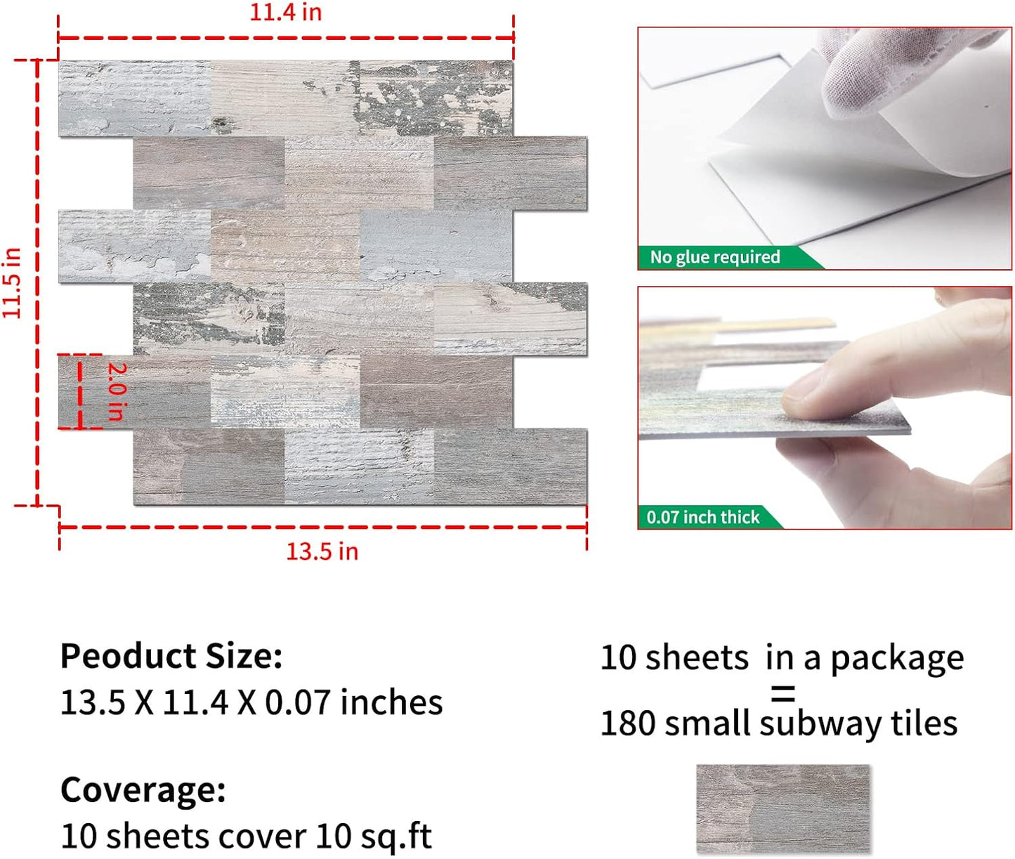 DEWOO Peel and Stick Rustic Backsplash Wall Tile Self Adhesive for Kitchen Farmhouse Faux Wood Look (10 - Sheet, 13.5" x 11.4") - DEWOO TILES