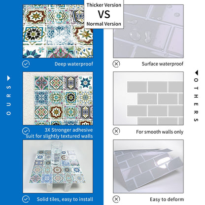 DEWOO Bohemian Mandala Self - Adhesive Tile Decals — 12" x 12" Large Size — Self - Adhesive Backsplash Stickers for Kitchen, Bathroom, and Laundry Room — Waterproof & Removable Vinyl Wall Decals — 10 - Piece Pack - DEWOO TILES