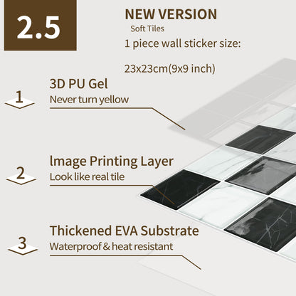 DEWOO Thick Peel and Stick Backsplash Tiles Kitchen Bathroom Square Self Adhesive Wall Tile Checkerboard Checkered Stickers,Black (10 - Sheet, 9"×9") - DEWOO TILES
