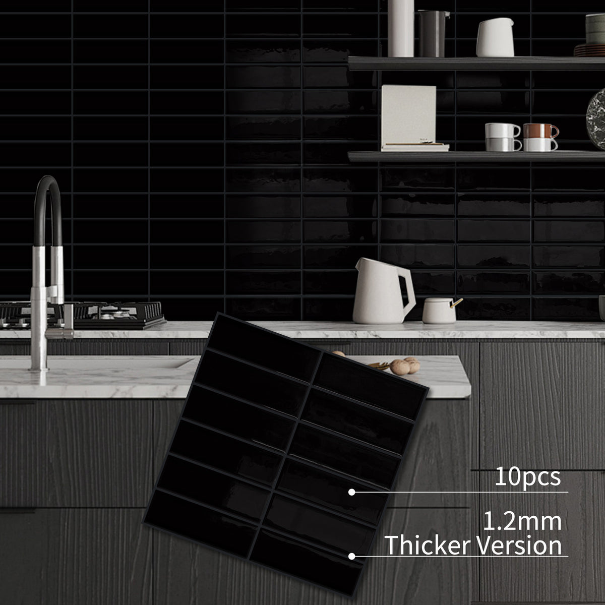 DEWOO Peel and Stick Backsplash - 10 Sheets of 12"×12" - 3D Adhesive Peel and Stick Tile Backsplash for Kitchen, Bathroom, Wall Tile, Black - DEWOO TILES