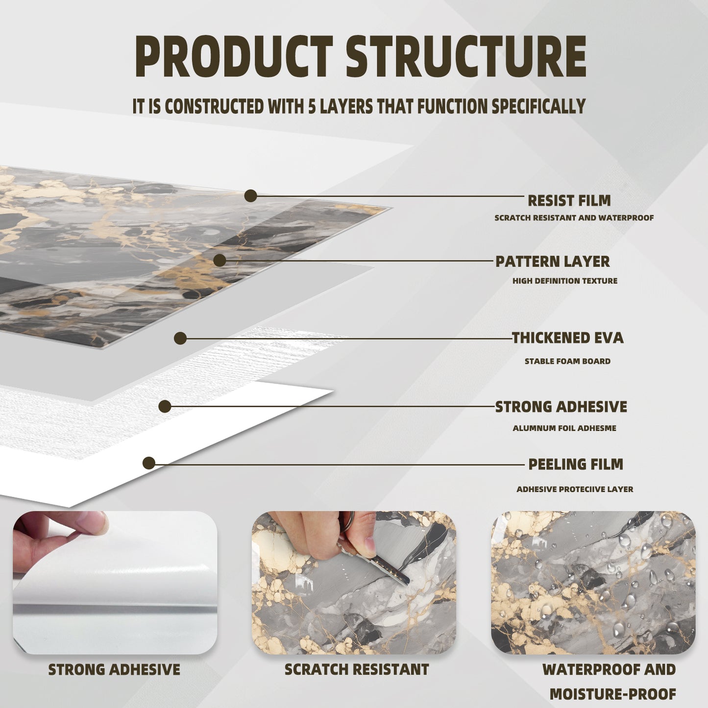 DEWOO 10pcs Peel and Stick Backsplash Wall Tile, Waterproof Peel and Stick Marble Wall Tiles, Self - Adhesive Panels for Bathroom, Kitchen, and Living Room (Brown Marble,12"×12") - DEWOO TILES