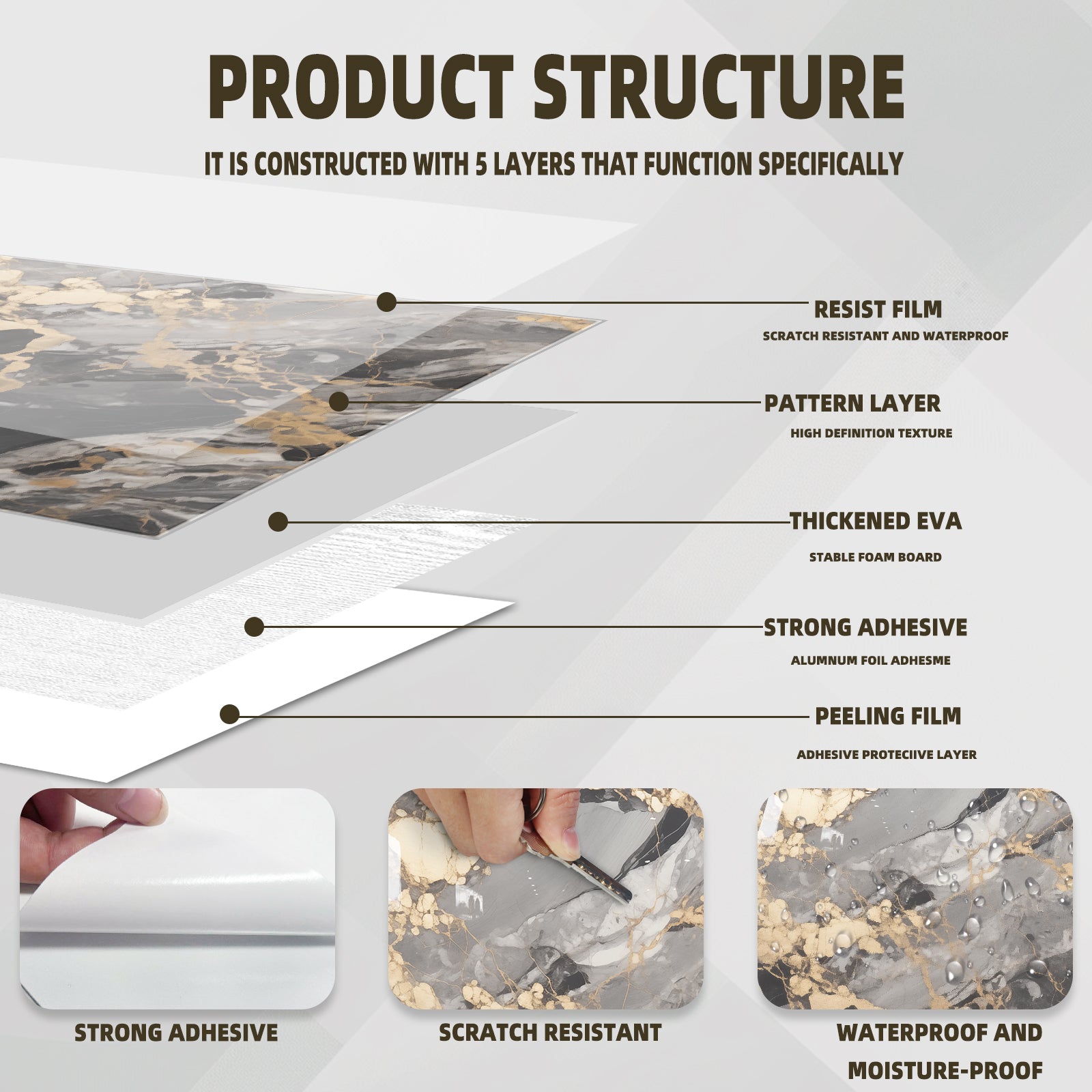 DEWOO 10pcs Peel and Stick Backsplash Wall Tile, Waterproof Peel and Stick Marble Wall Tiles, Self - Adhesive Panels for Bathroom, Kitchen, and Living Room (Brown Marble,12"×12") - DEWOO TILES