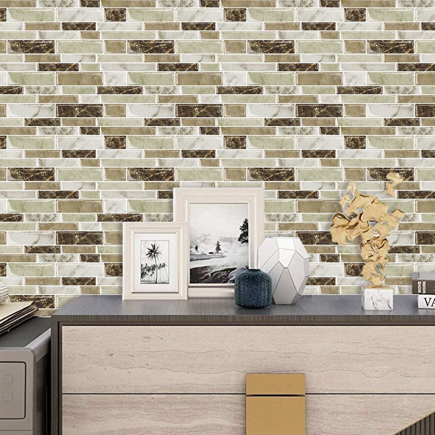 DEWOO 10 - Sheet Peel and Stick Kitchen Backsplash Tiles, 12"x12" Self - Adhesive Marble Multicolor Wall Tiles for Kitchen and Bathroom(Brown Marble) - DEWOO TILES