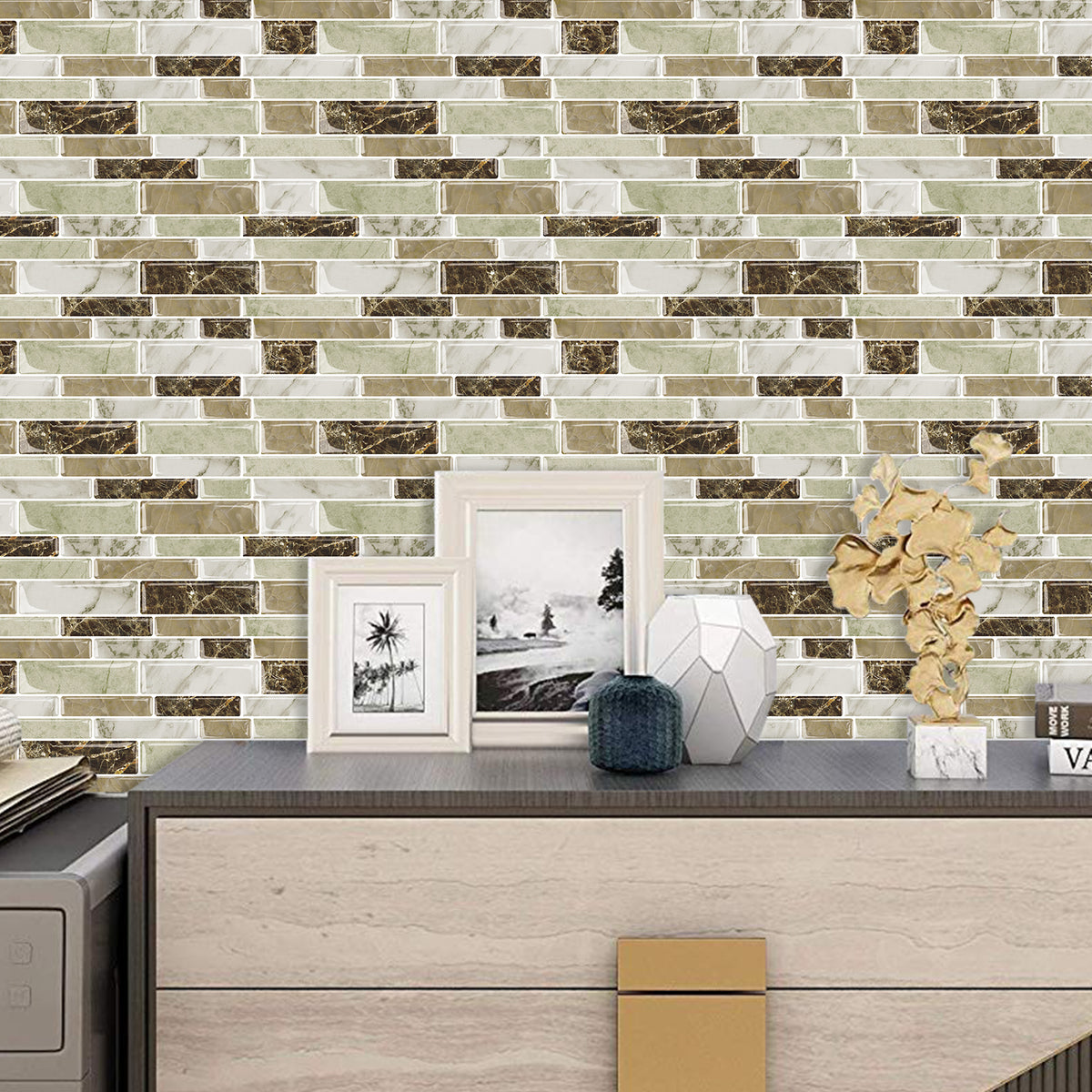 DEWOO 10 Sheets Peel and Stick Tile Backsplash, Stick on Wall Tiles, Self Adhesive Tile Sticker for Kitchen Backsplash and Bathroom(12"x12",Brown Marble) - DEWOO TILES