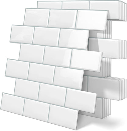 White Peel and Stick Backsplash Wall Tiles Self Adhesive for Kitchen Bathroom Subway Thick (10 - Sheet, 12"×12") - DEWOO TILES