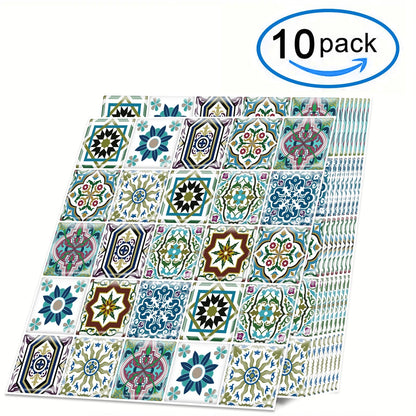 DEWOO Bohemian Mandala Self - Adhesive Tile Decals — 12" x 12" Large Size — Self - Adhesive Backsplash Stickers for Kitchen, Bathroom, and Laundry Room — Waterproof & Removable Vinyl Wall Decals — 10 - Piece Pack - DEWOO TILES