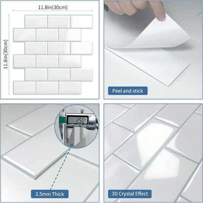 White Peel and Stick Backsplash Wall Tiles Self Adhesive for Kitchen Bathroom Subway Thick (10 - Sheet, 12"×12") - DEWOO TILES