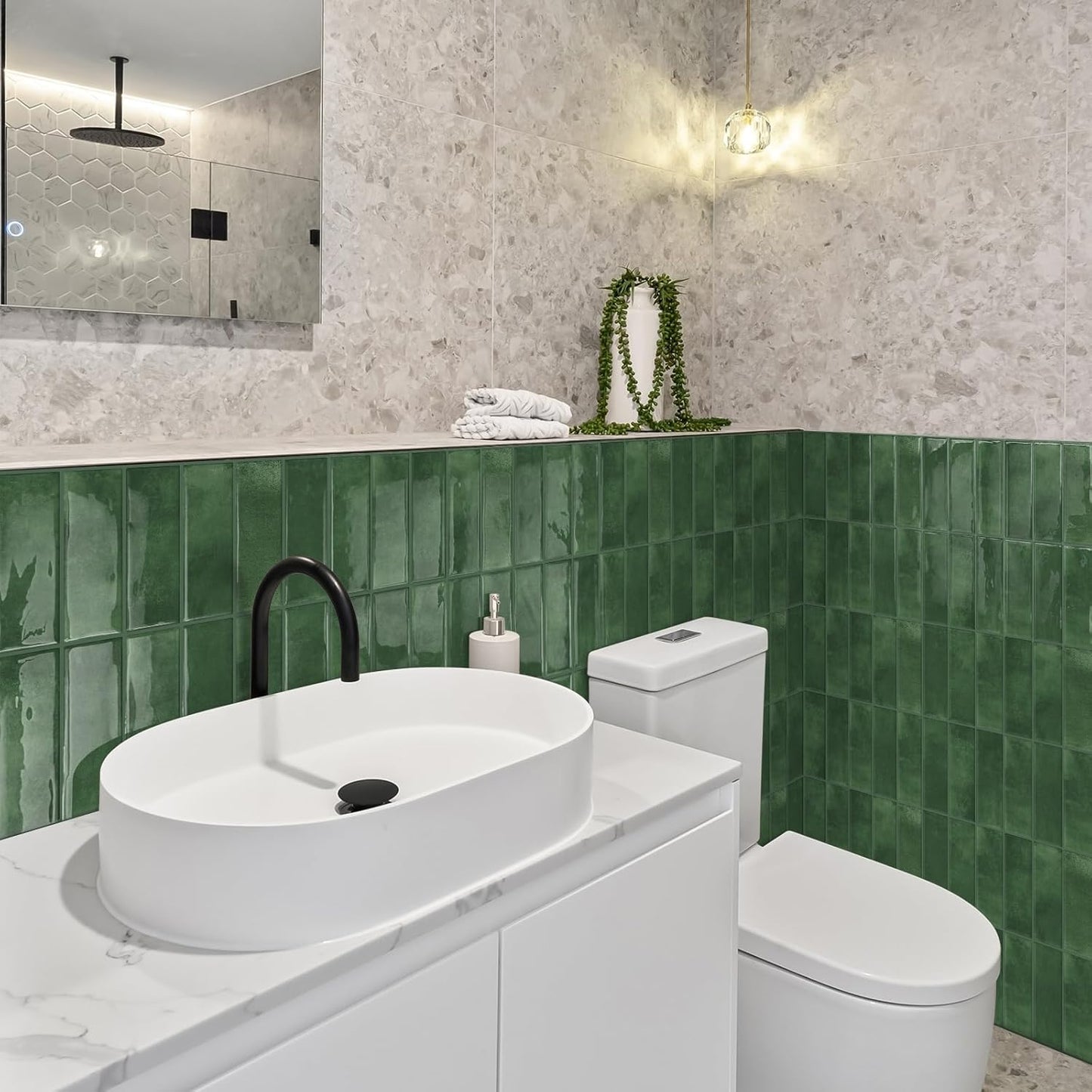 DEWOO Peel and Stick Subway Backsplash Green Kitchen Bathroom Rectangle Self Adhesive Wall Tile Brick (10 - Sheet, 12"×12") - DEWOO TILES