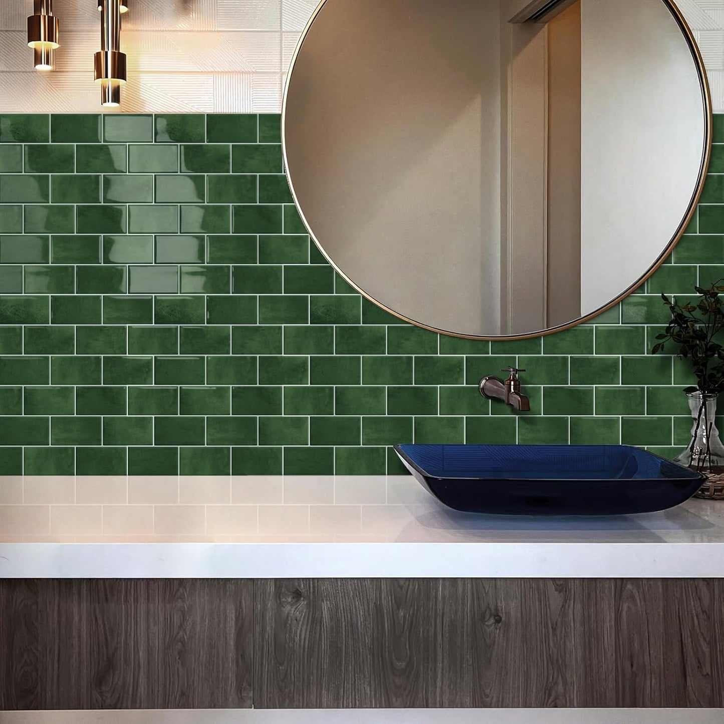 Thick Green Peel and Stick Backsplash Subway Tile 3D Brick Self Adhesvie Wall Tiles for Kitchen Bathroom (10 - Sheet, 12"×12") - DEWOO TILES